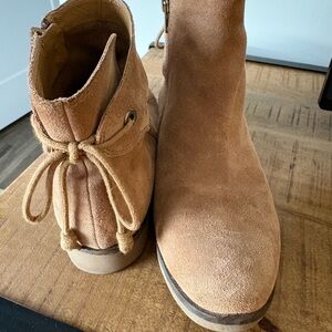 Luck Brand Tan Suede Ankle Boots with Back Tie Detail and Side Zipper